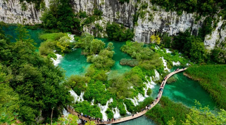 Plitvice Lakes National Park boardwalk and turquoise lakes